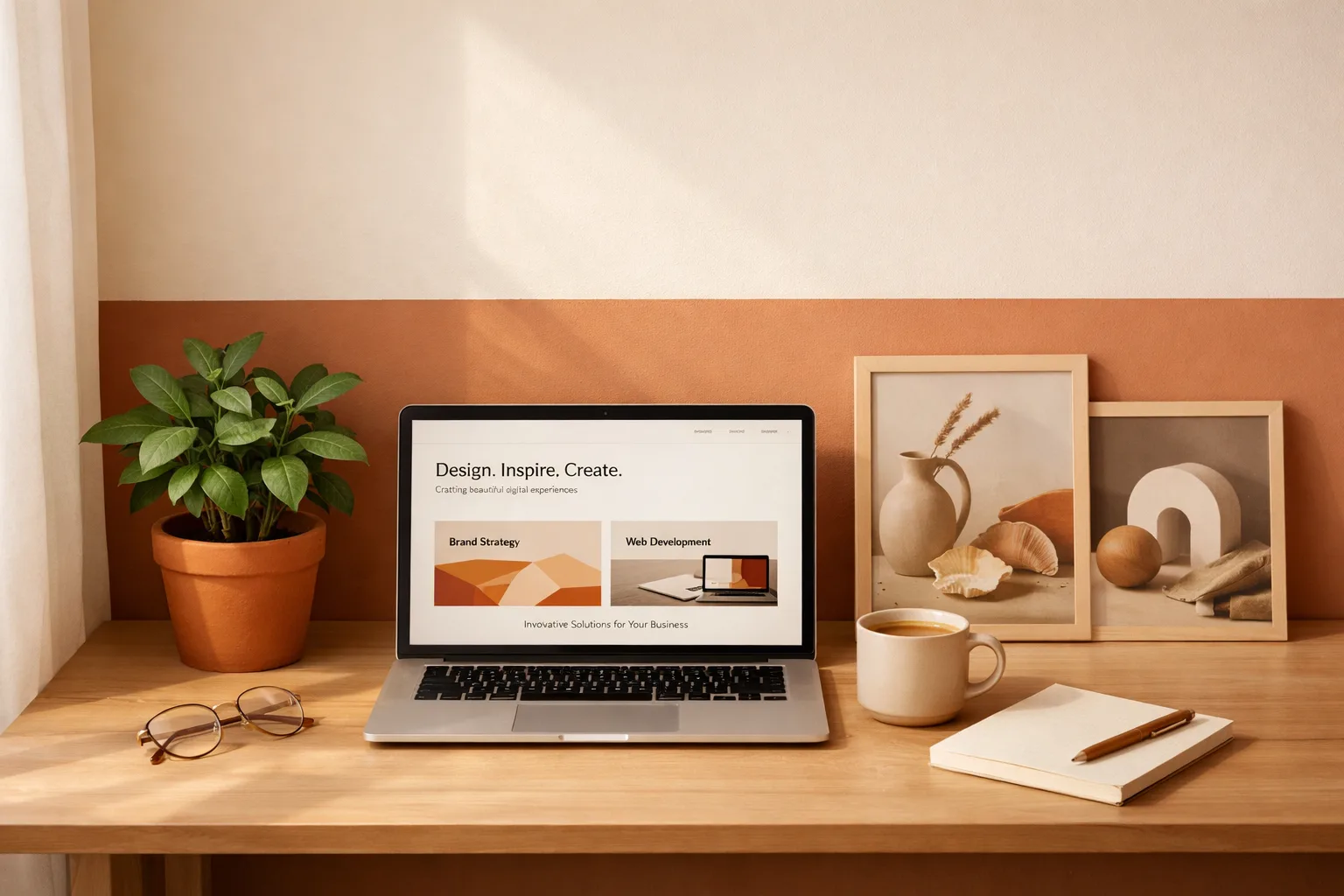 Creative workspace with laptop showing modern website design in warm terracotta tones
